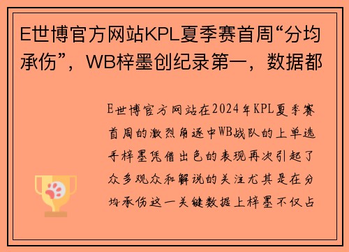 E世博官方网站KPL夏季赛首周“分均承伤”，WB梓墨创纪录第一，数据都无法反驳的强者