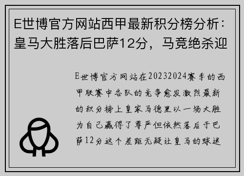 E世博官方网站西甲最新积分榜分析：皇马大胜落后巴萨12分，马竞绝杀迎4连胜 - 副本